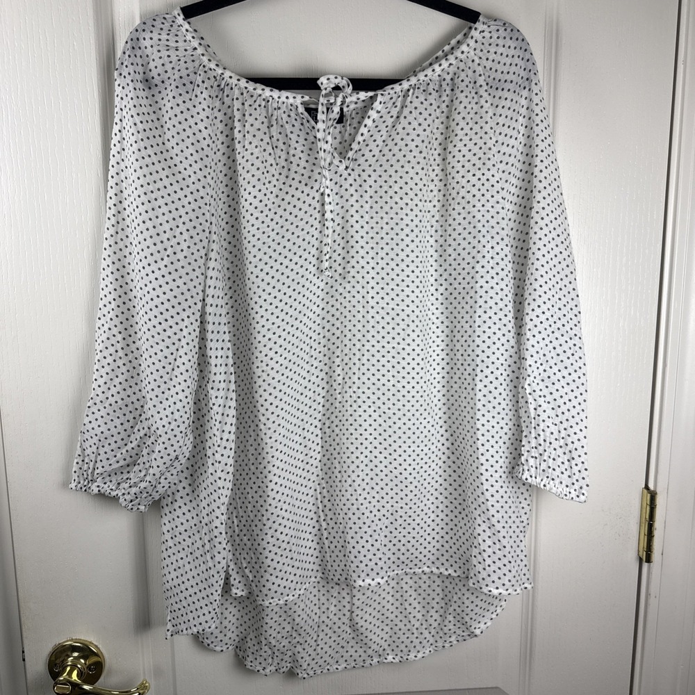 Fred David White Polka Dot 3/4 Sleeve Tie Neck Blouse Sz S Boho Casual